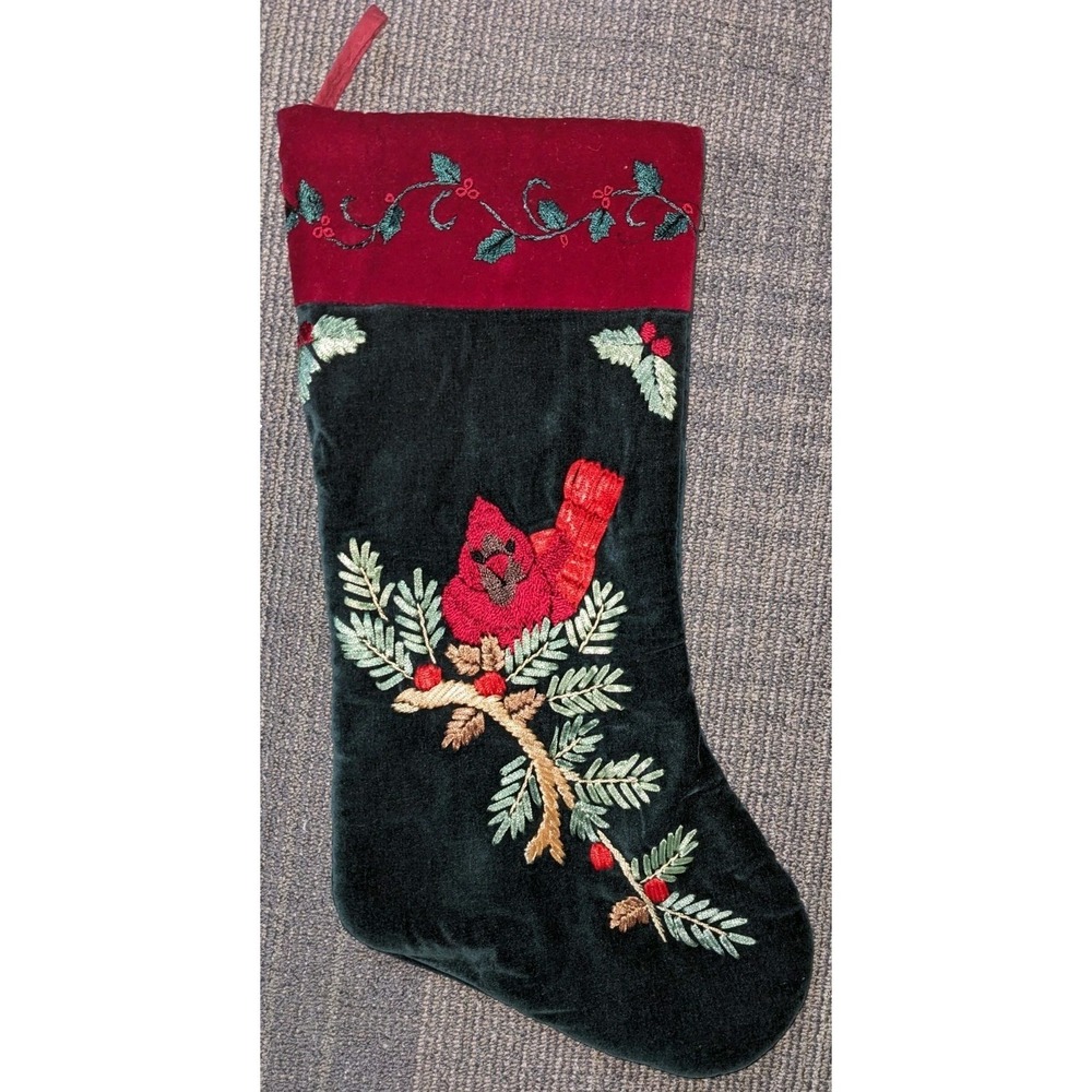 Green Velvet Christmas Stocking Red Cardinal‎ Crewel